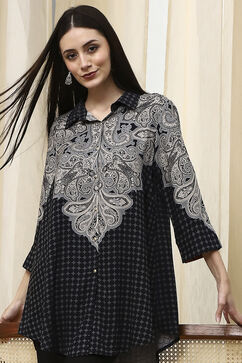 Black Printed Shirt-Style Straight Short Kurta image number 6