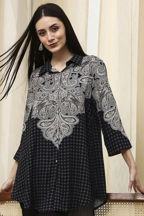 Black Printed Shirt-Style Straight Short Kurta image number 6