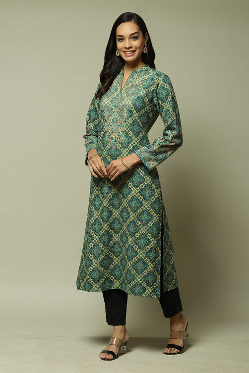Orange Acrylic Straight Printed Kurta image number 0