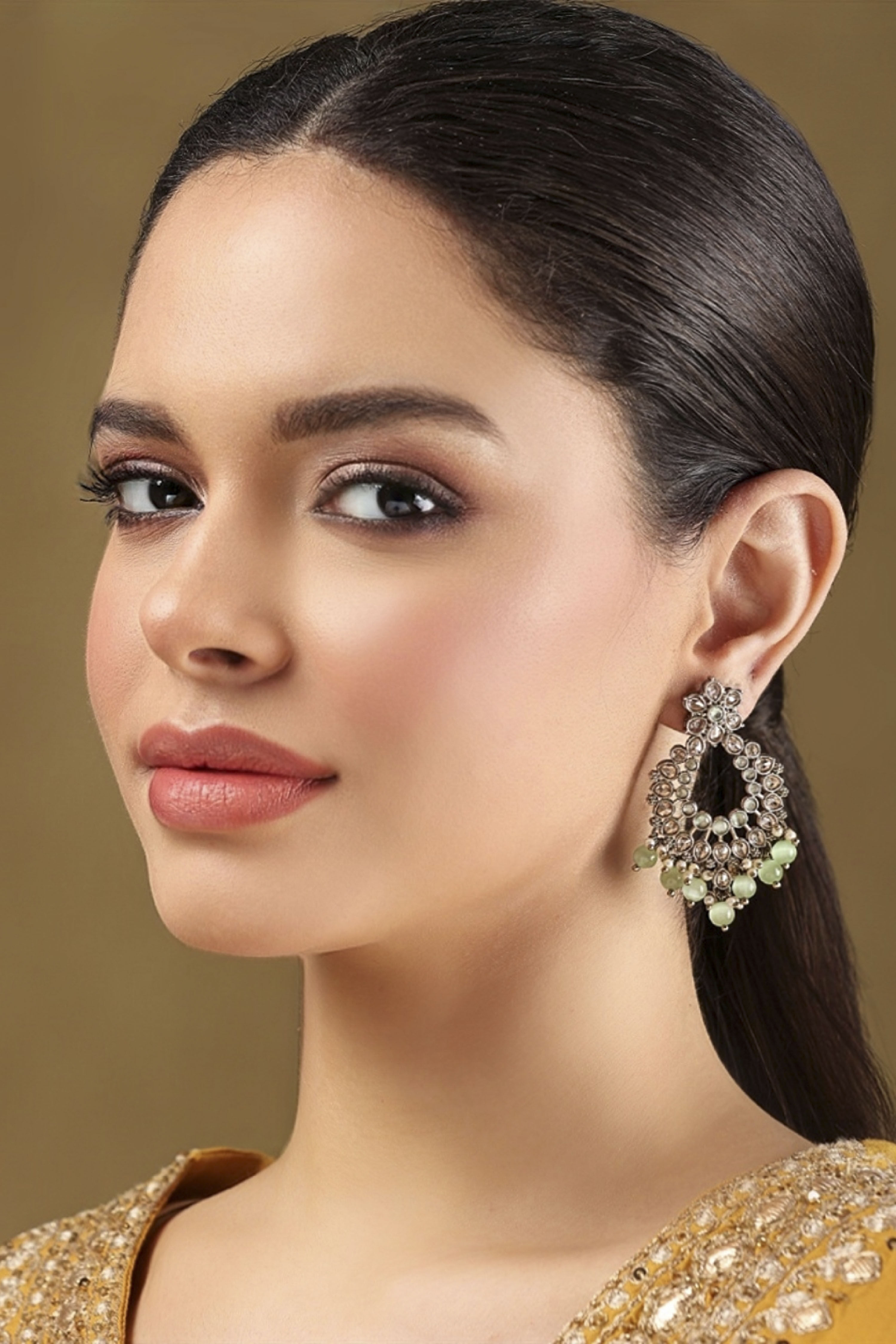 Mint Green Gold Plated Alloy Studded Chandbalis image number 3