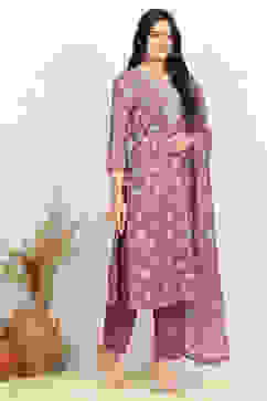 Mauve Linen Digital Print Unstitched Suit Set image number 6