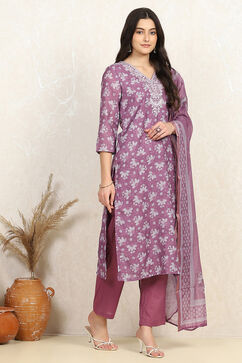 Mauve Linen Blend Digital Print Unstitched Suit Set image number 6