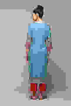 Teal LIVA Straight Printed Kurta image number 5