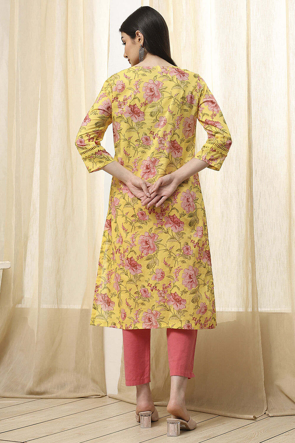 Pink Cotton Straight Printed Kurta image number 4