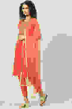 Coral Art Silk Straight Kurta Slim Pants Suit Set image number 5