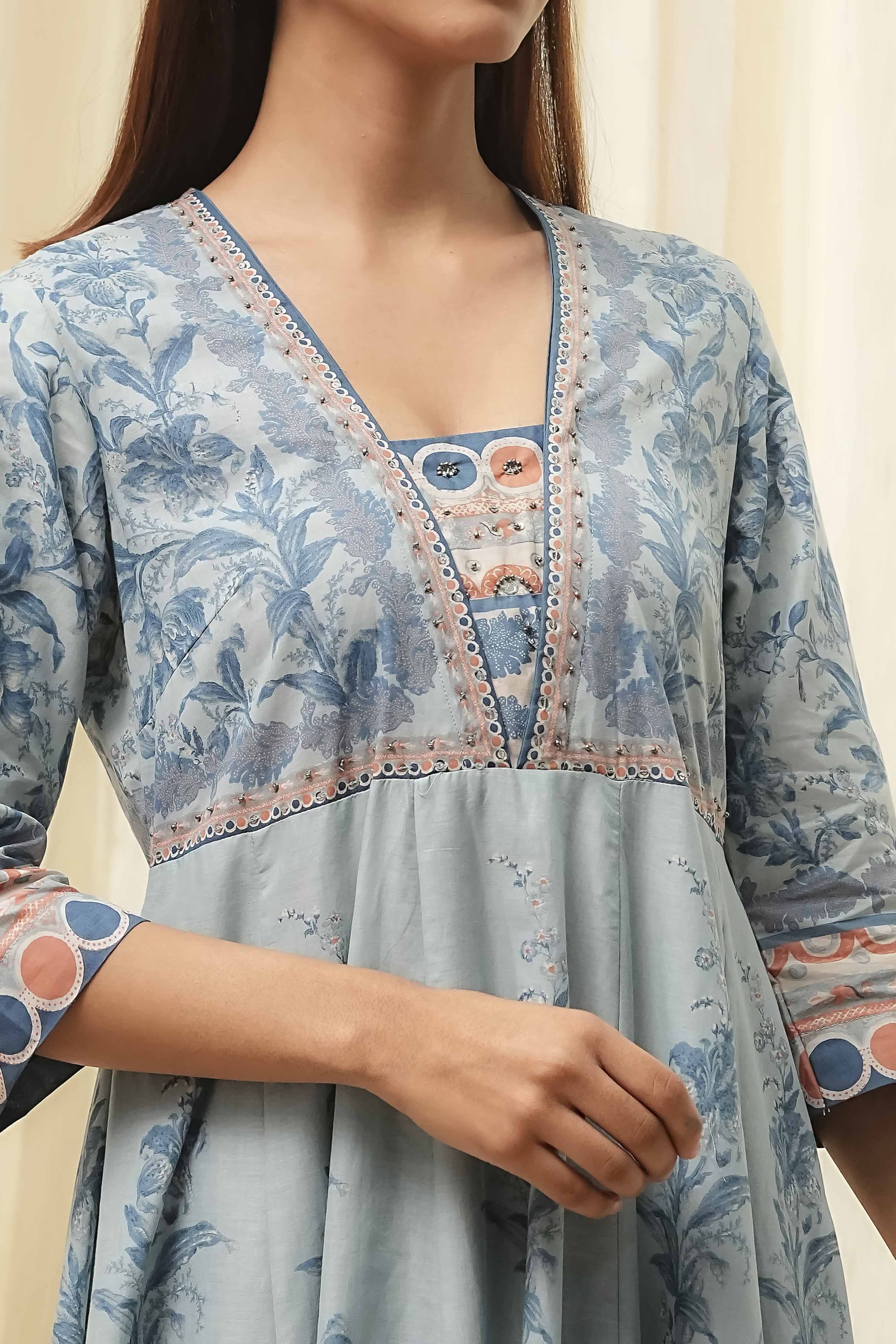 Dull Blue Cotton Floral Anarkali Suit Set image number 1