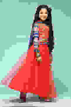 Red Polyester Short Kurta Printed Suit Set image number 6