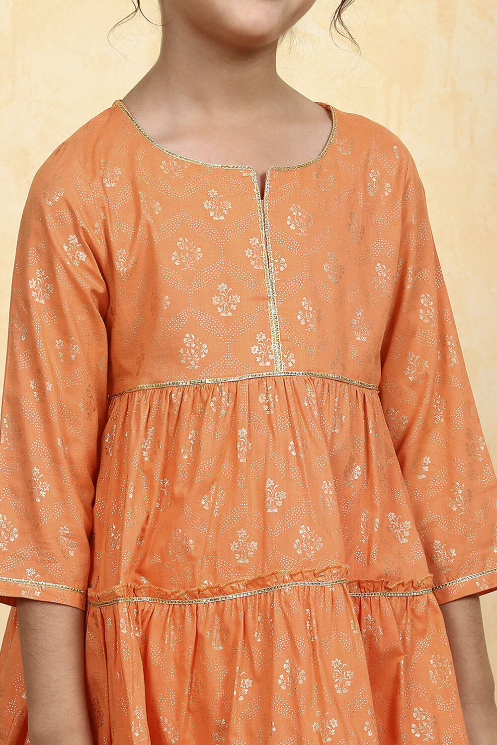 Blue Cotton Tiered Printed Kurta Churidar Set image number 1