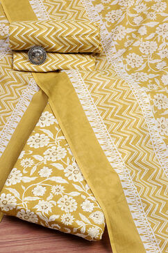 Mustard Yellow Cotton Screen Printed Unstitched Suit Set image number 0