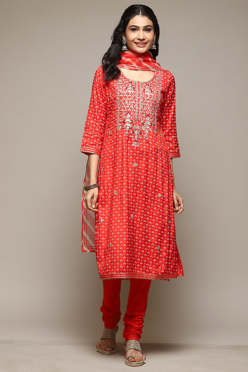 Red Viscose Straight Kurta Churidar Suit Set image number 7