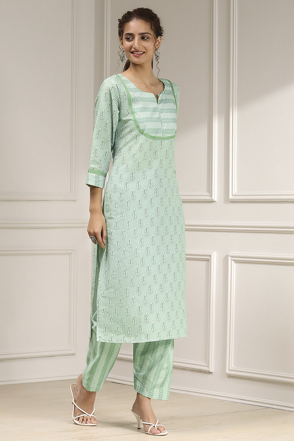 Beige Cotton Modal Digital Print Unstitched Suit Set image number 6