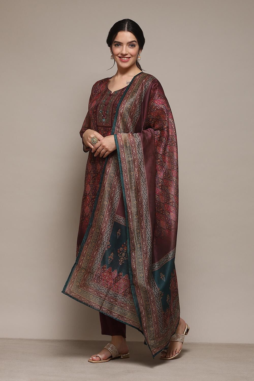 Wine Chanderi Unstitched Suit Set image number 1