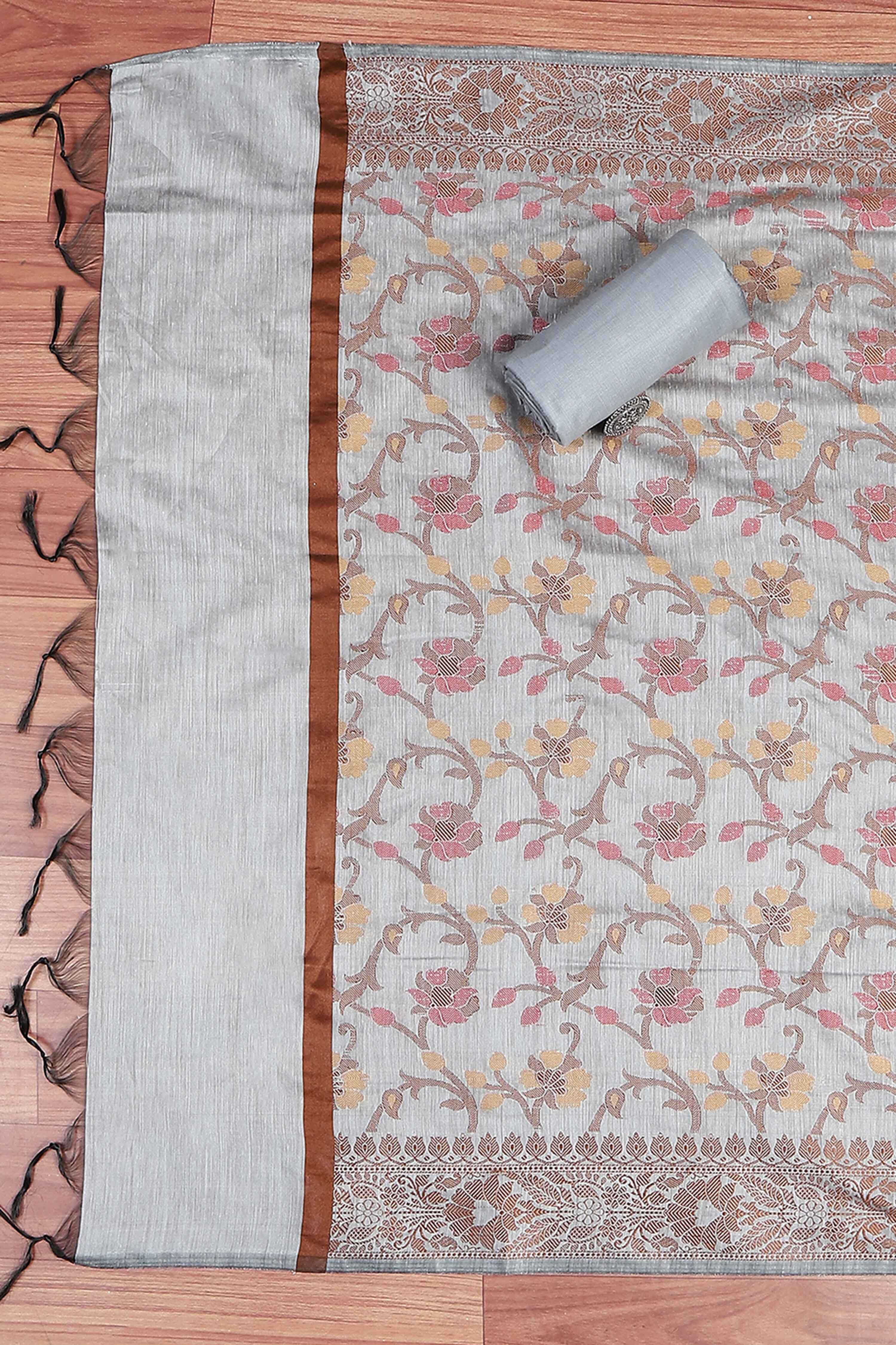Grey Cotton Printed Embroidered Unstitched Suit Set image number 3
