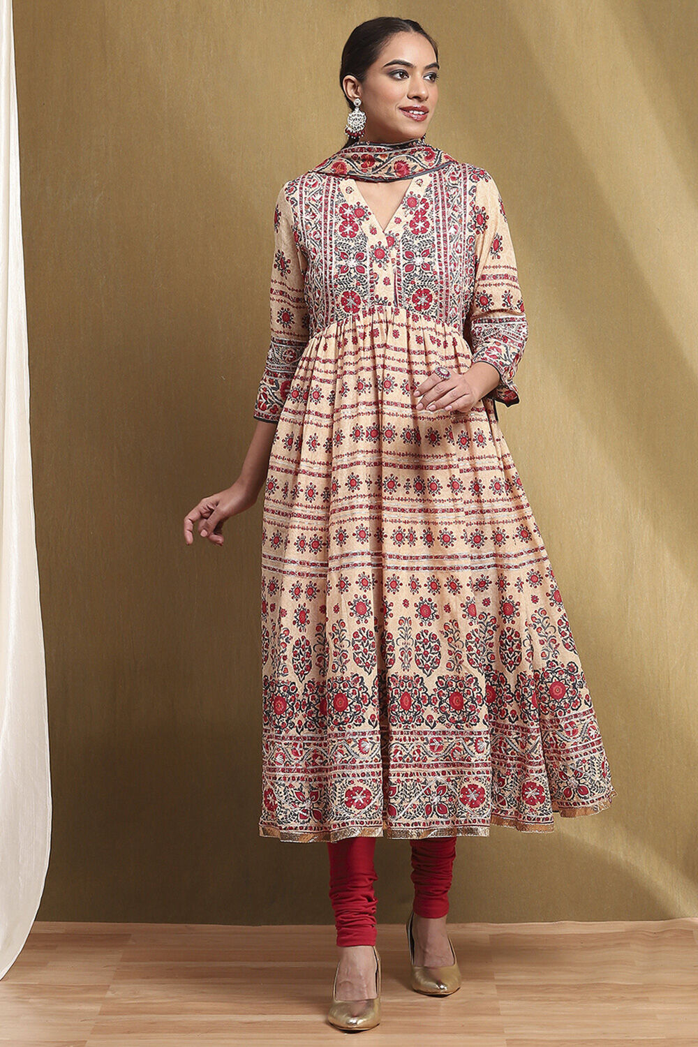 Beige and Red Cotton Anarkali Suit Set image number 7