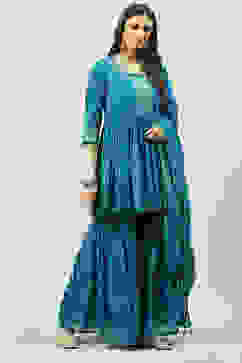 Teal Blue Cotton Anarkali Kurta Garara Suit Set image number 3