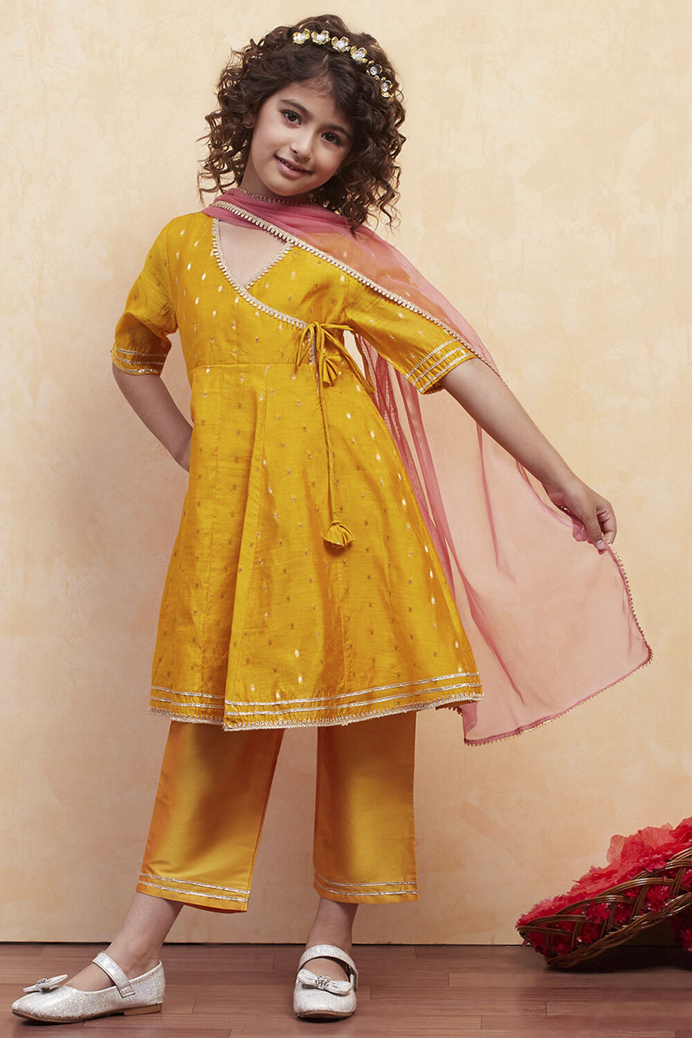 Yellow Yarn Dyed Angrakha Anarkali Suit Set image number 6