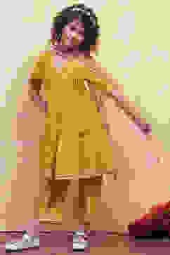 Yellow Yarn Dyed Angrakha Anarkali Suit Set image number 6