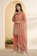 Peach Tissue Jacquard Embroidered Suit Set with Organza Dupatta image number 3