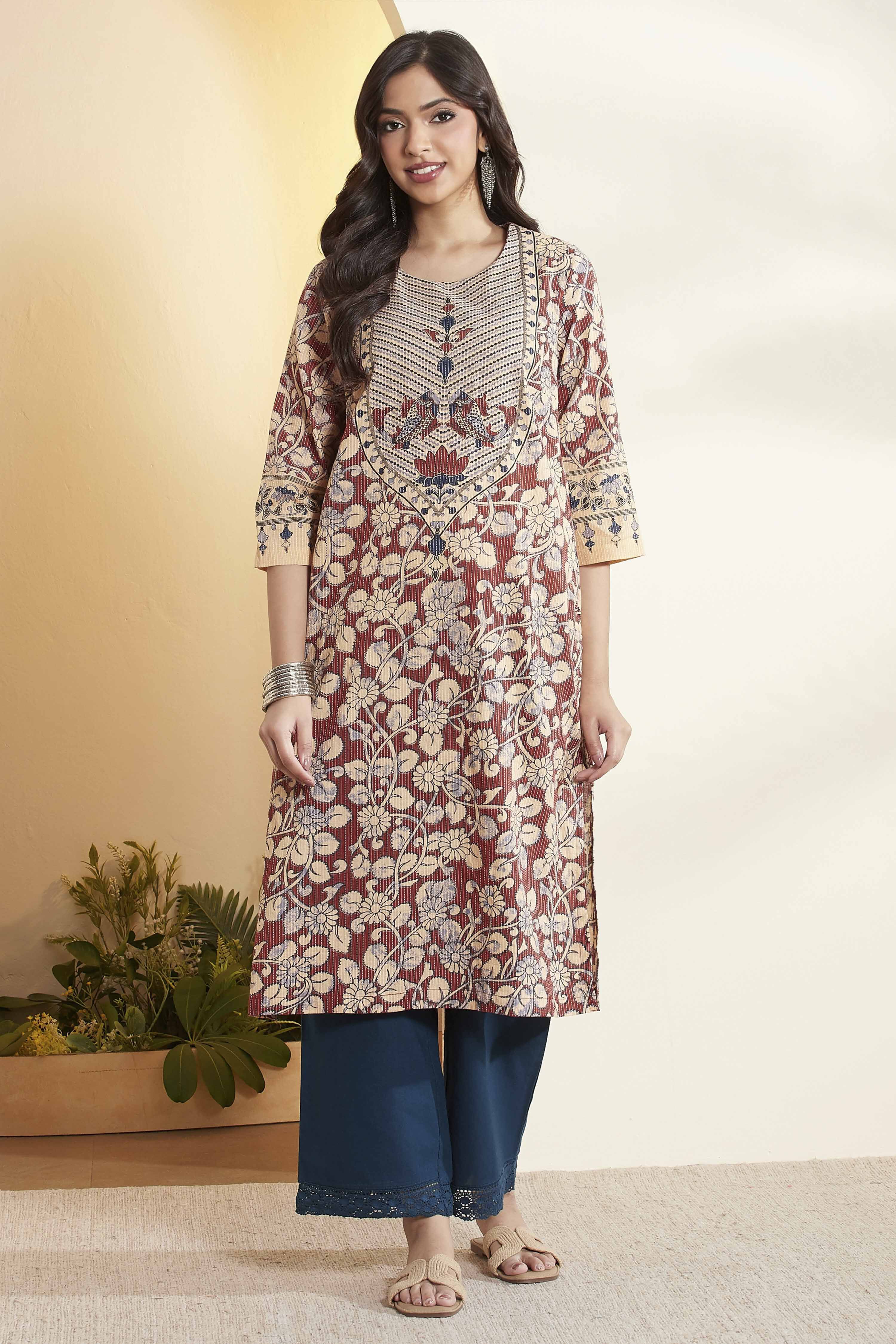 Rust Cotton Floral Printed Straight Kurta image number 0
