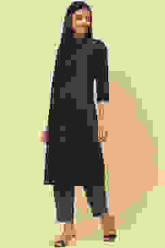 Navy Cotton Straight Fusion Yarndyed Kurta Set image number 3