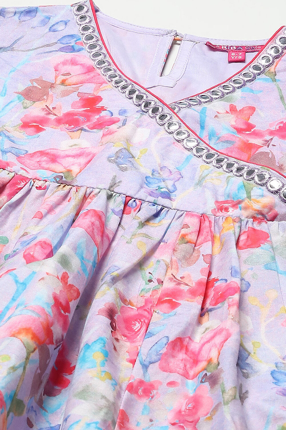 Lavender Printed Cotton Gathered Kurta & Solid Palazzo  image number 1