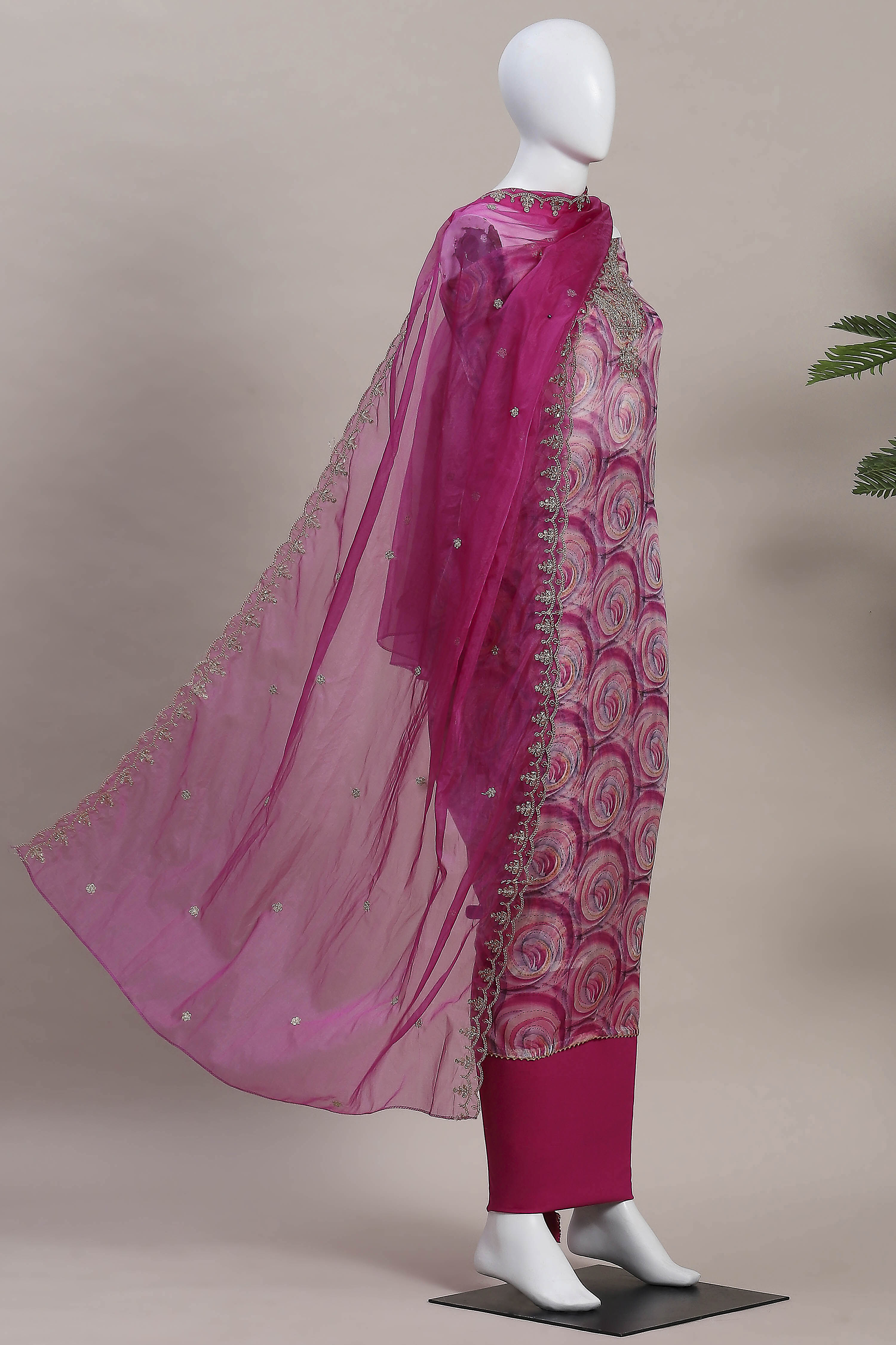 Pink Organza Rajasthani Print Unstitched Suit Set image number 4