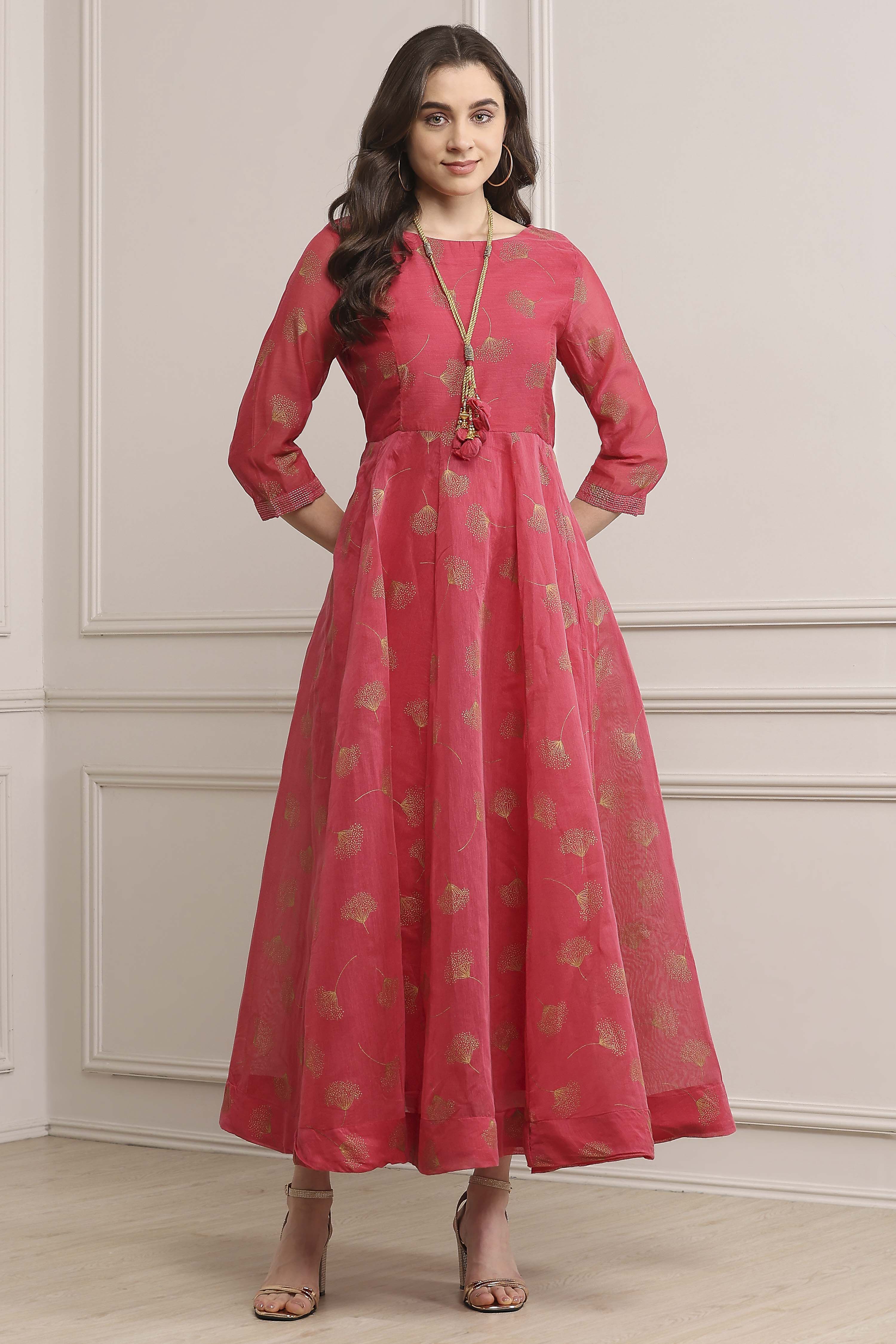 Pink Cotton Blend Flared Printed Dress image number 4