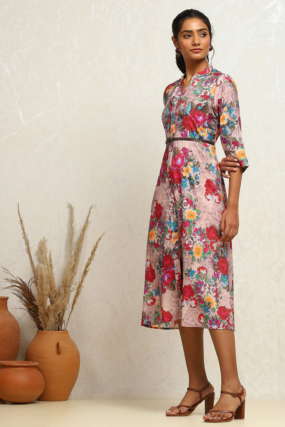 Grey Floral Printed A-Line Dress image number 2