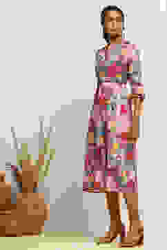 Grey Floral Printed A-Line Dress image number 2