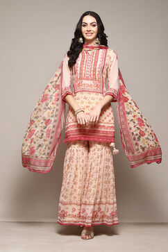 Off White Polyester Straight Printed Kurta Garara Suit Set image number 7