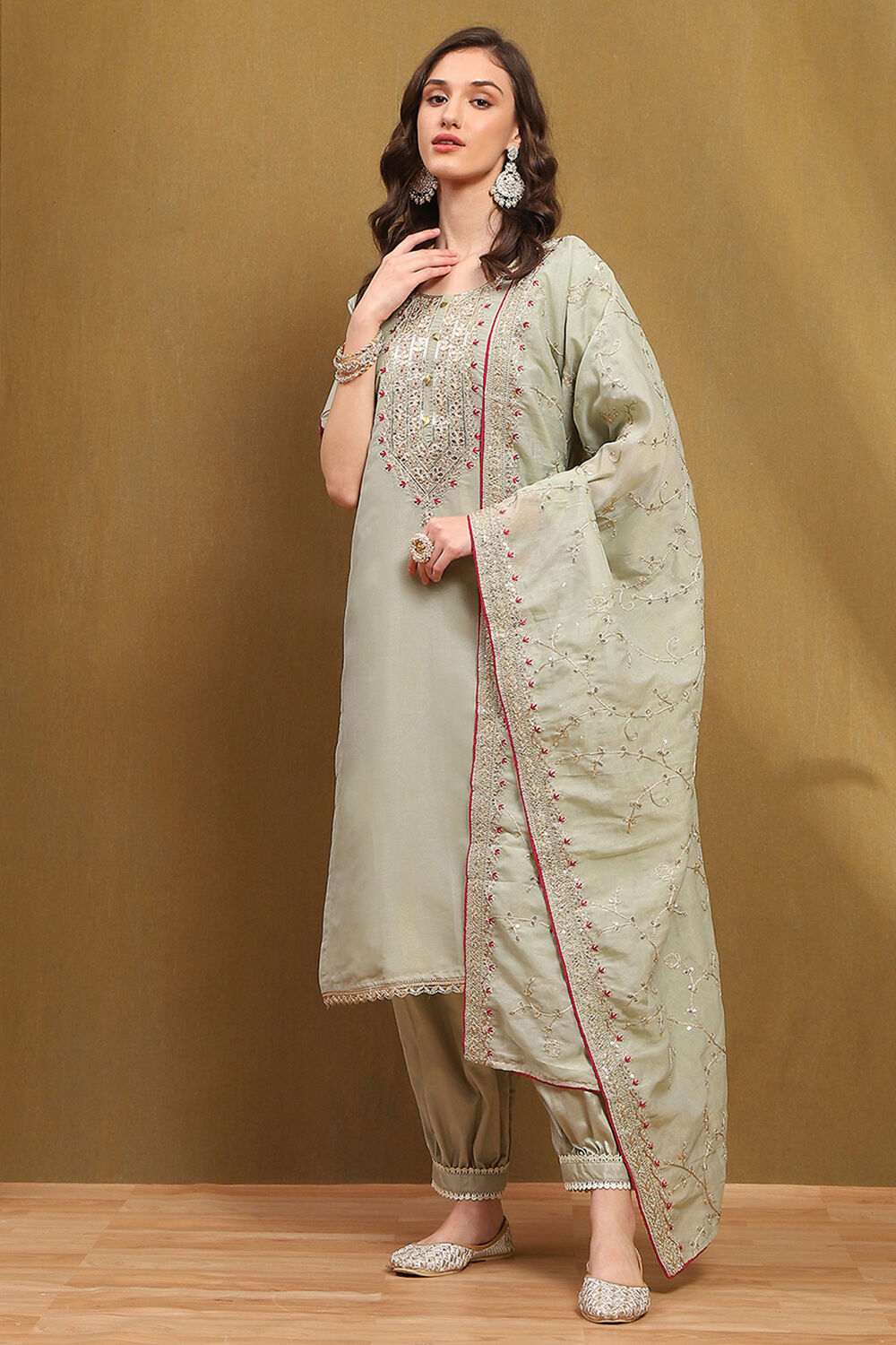 Green Tissue Machine Embroidered Unstitched Suit Set image number 5