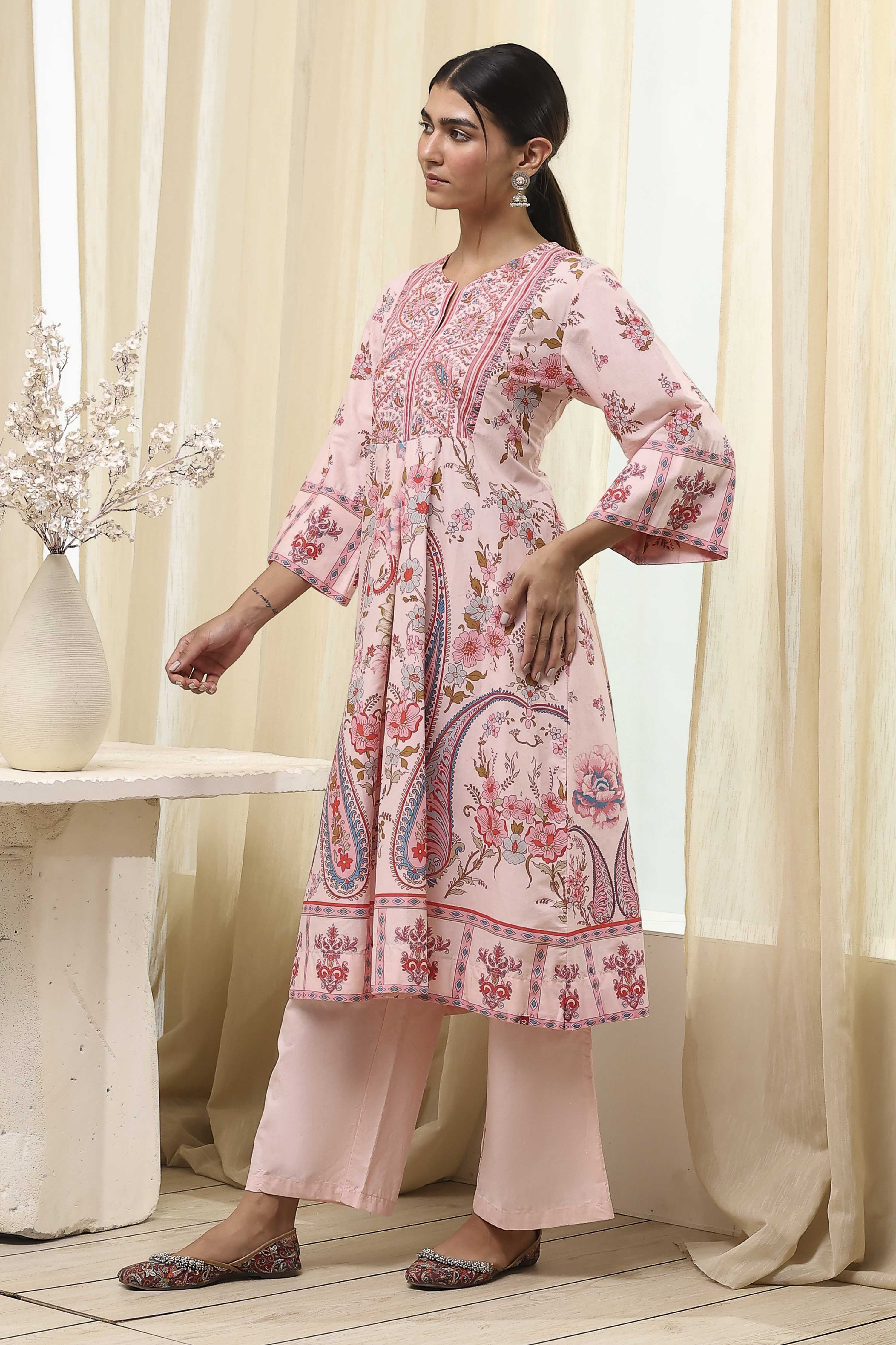 Peach-Colored Cotton Floral A-Line Kurta Set image number 3