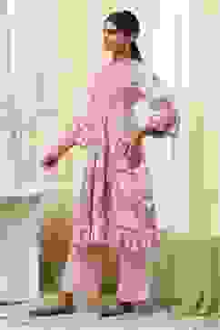 Peach-Colored Cotton Floral A-Line Kurta Set image number 3