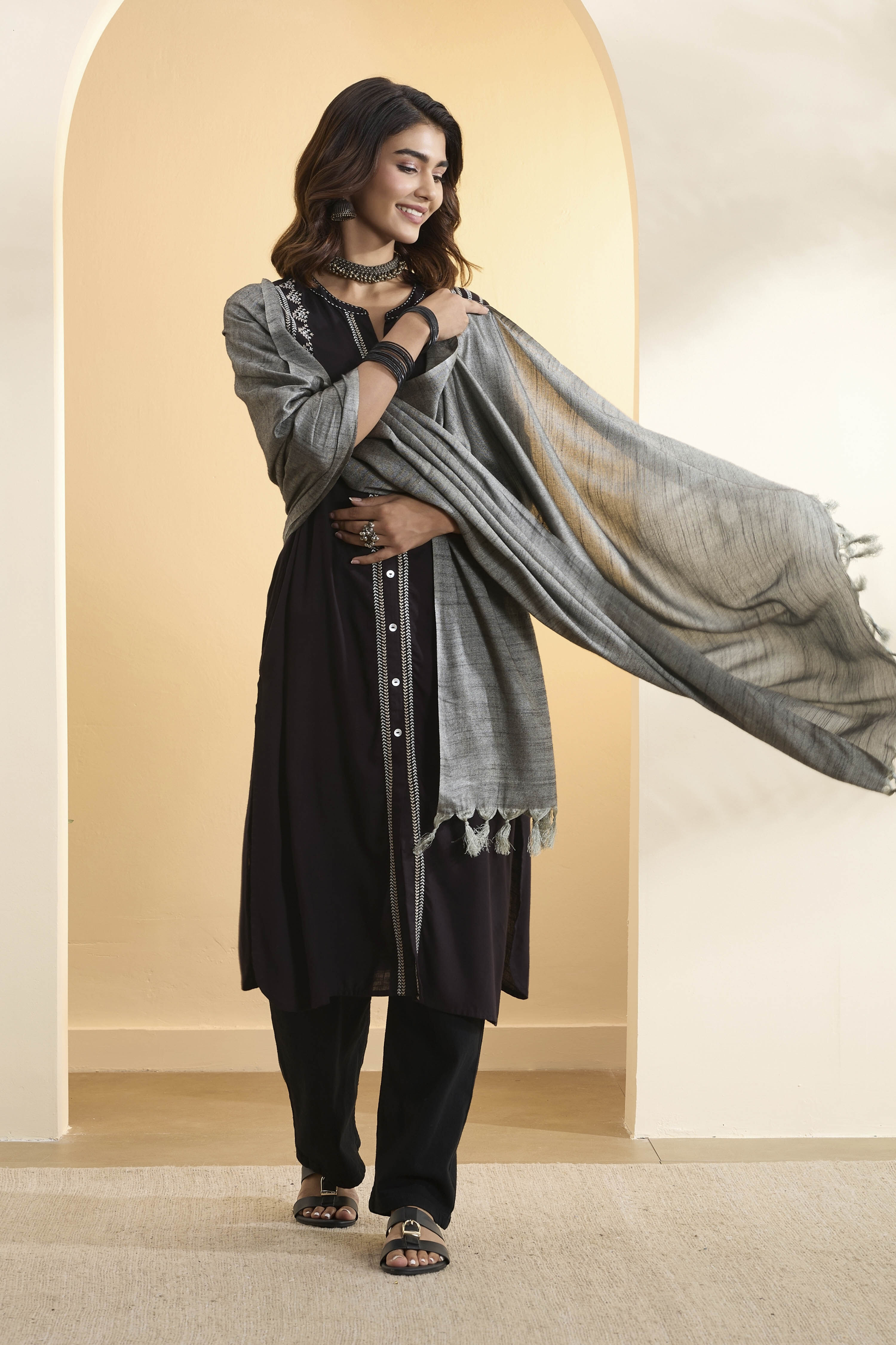 Grey Dupion Viscose Shimmer Dupatta image number 0