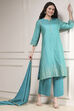 Turquoise Cotton Blend Printed Straight Suit Set image number 0