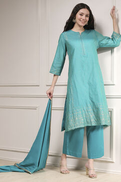 Turquoise Cotton Blend Printed Straight Suit Set image number 0