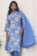 Blue Floral Printed Straight Suit Set image number 7