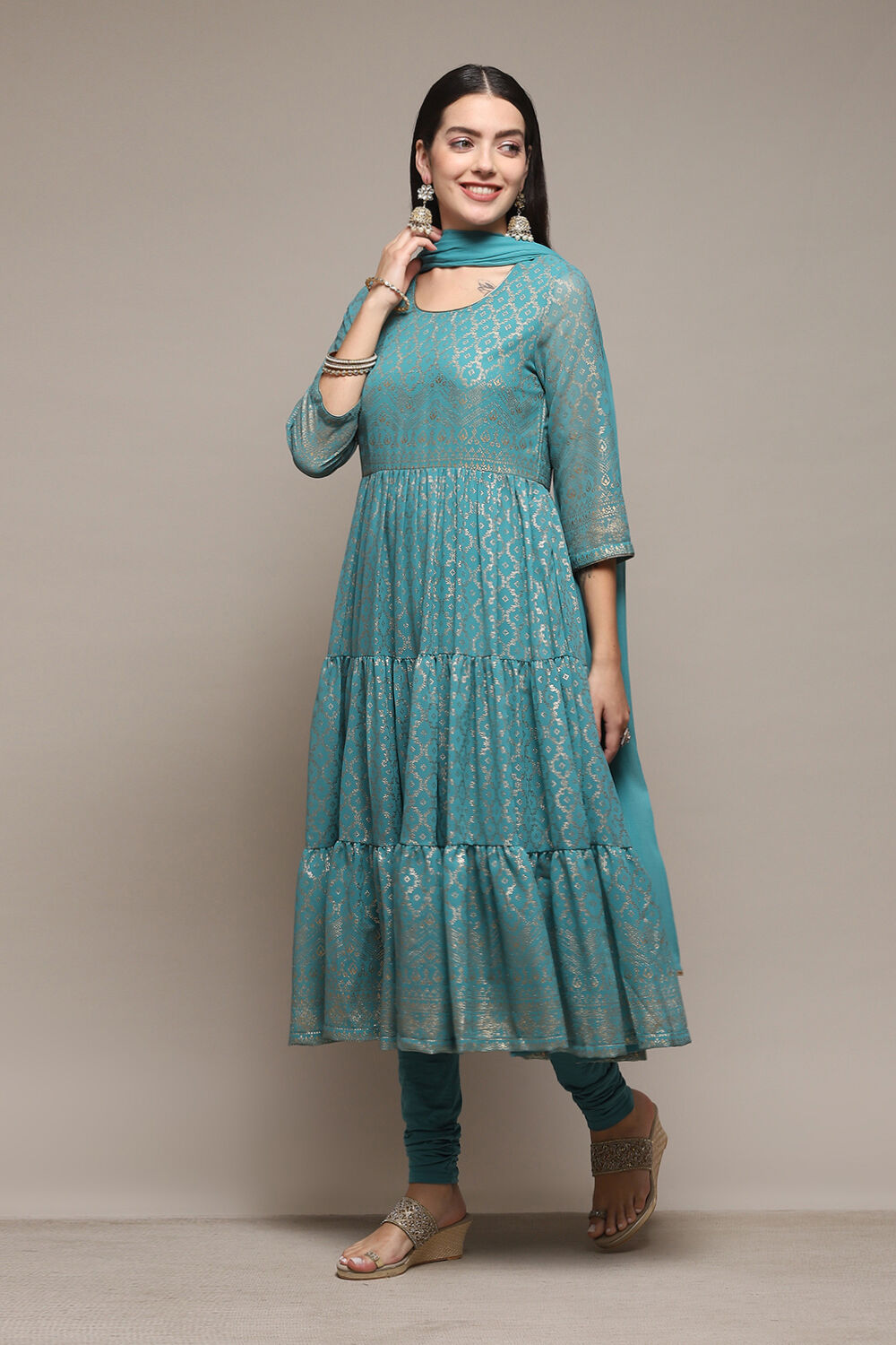 Sea Green Polyester Anarkali Kurta Churidar Suit Set image number 4
