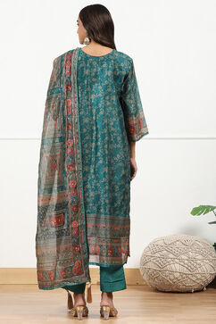 Teal Chanderi Floral Printed Unstitched Suit Set image number 3