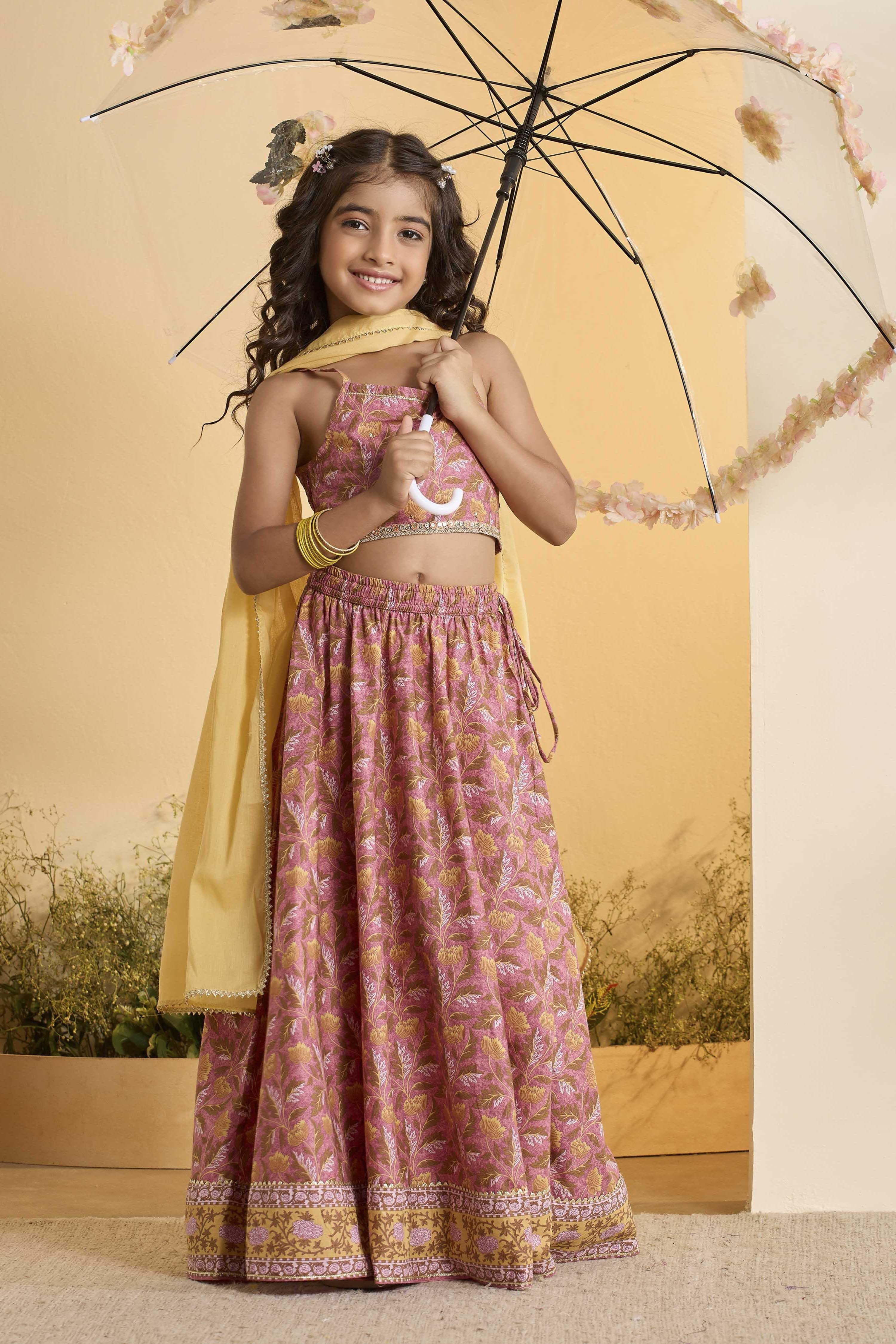 Peach Cotton Printed Gathered Lehenga Set image number 0