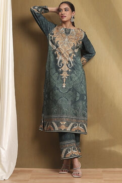 Green Printed Straight Winter wear Kurta Set image number 0