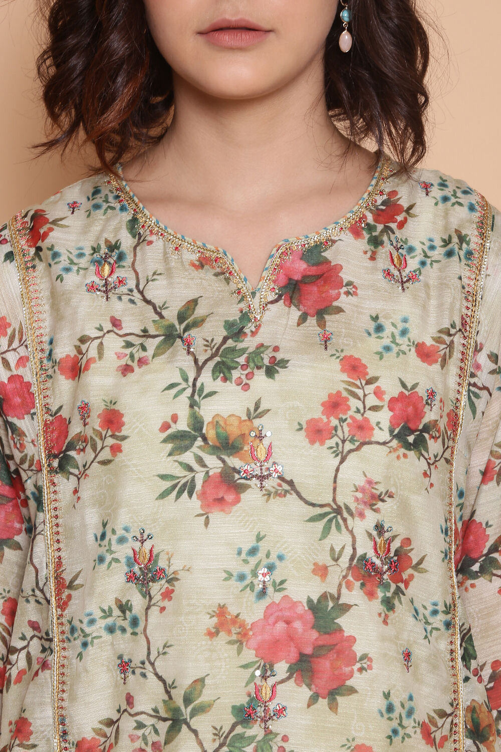 Light Green Cotton Floral Straight Suit Set image number 1