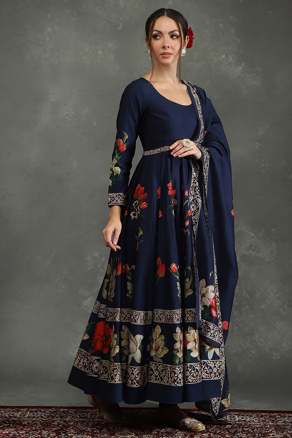 Rohit Bal Navy Blue Silk Chanderi Floral Anarkali Suit Set image number 4