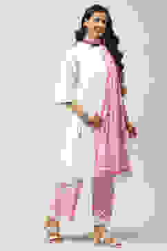 White and Pink Cotton Straight Kurta Palazzo Suit Set image number 6