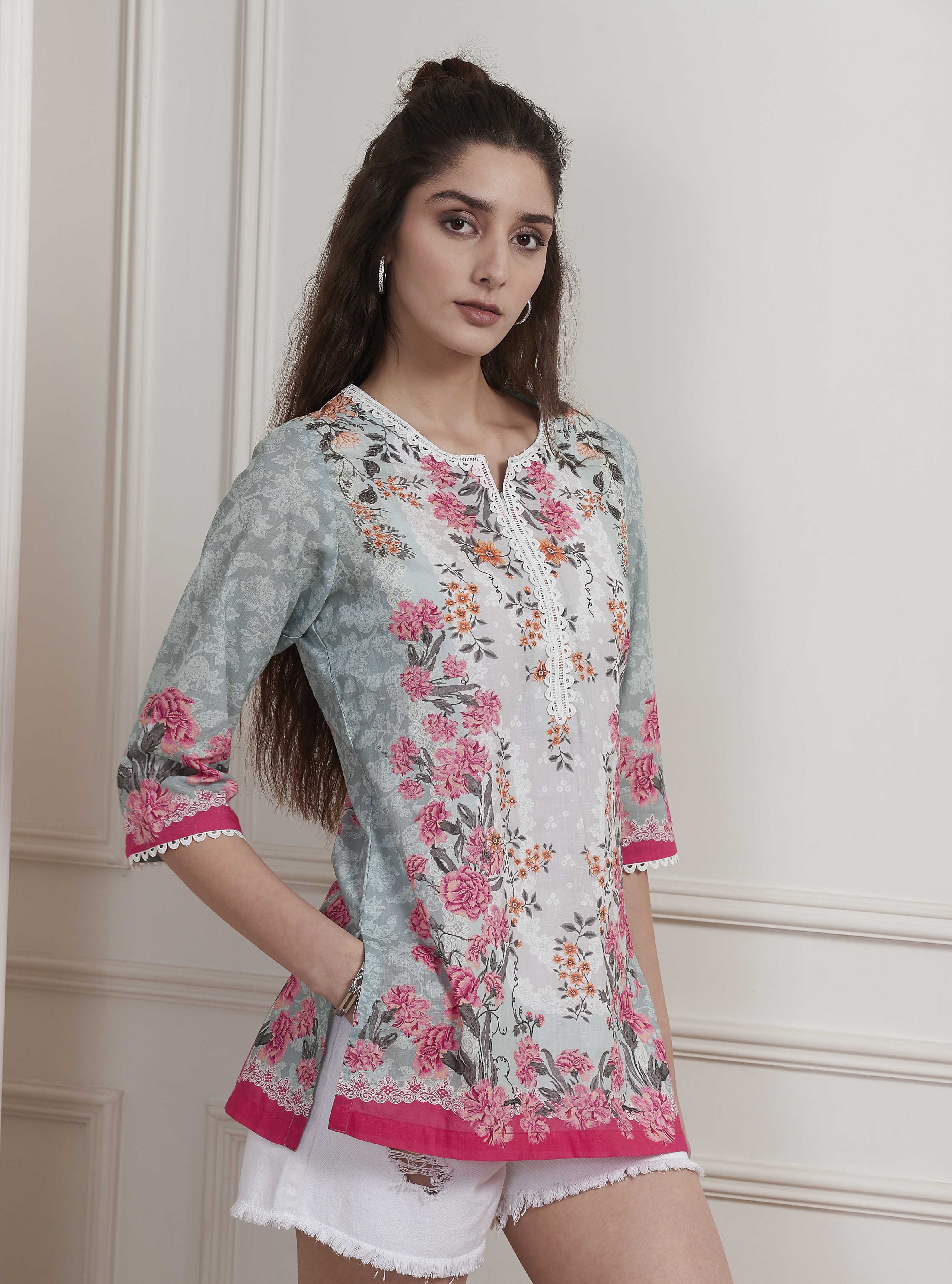 Blue Cotton Printed Straight Short Kurta image number 4