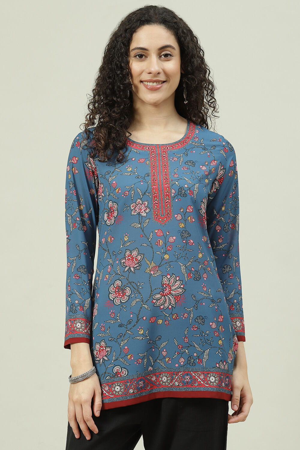 Blue Art Silk Straight Printed Short Kurti image number 0