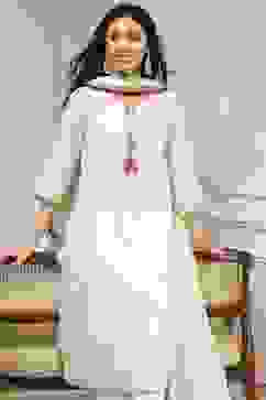 Off-White Art Silk Printed Straight Suit Set image number 7