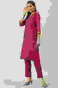 Wine Solid LIVA Straight Kurta Regular Pant Suit Set image number 3