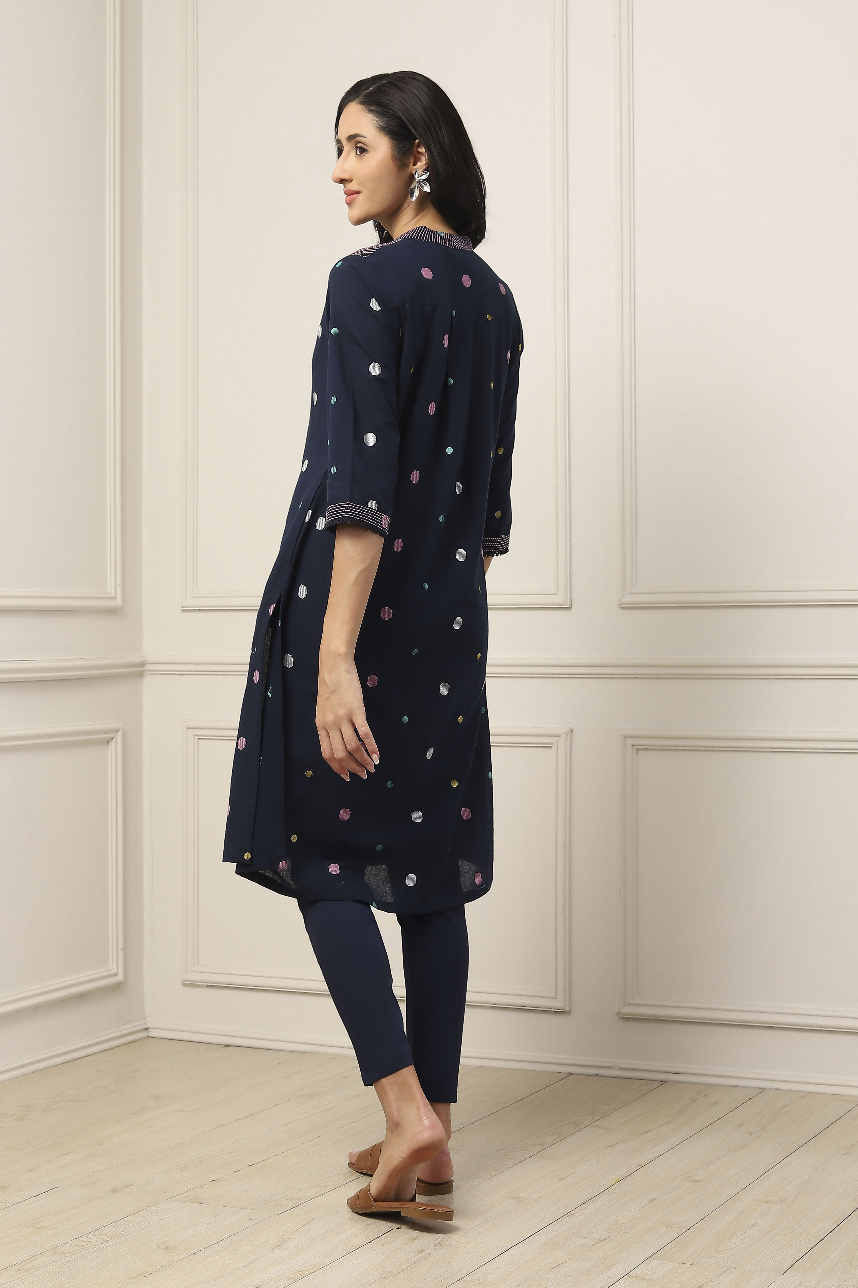 Navy Blue Cotton Polka Dot Straight Kurta image number 3