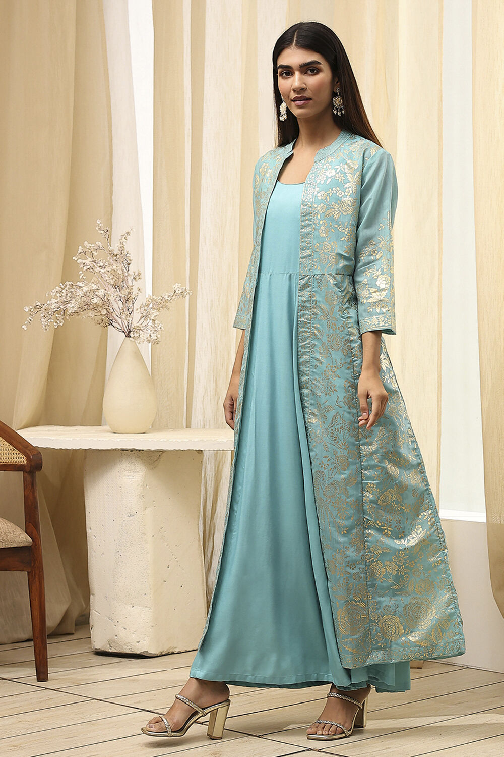 Turquoise Printed Layered Cape Dress image number 3